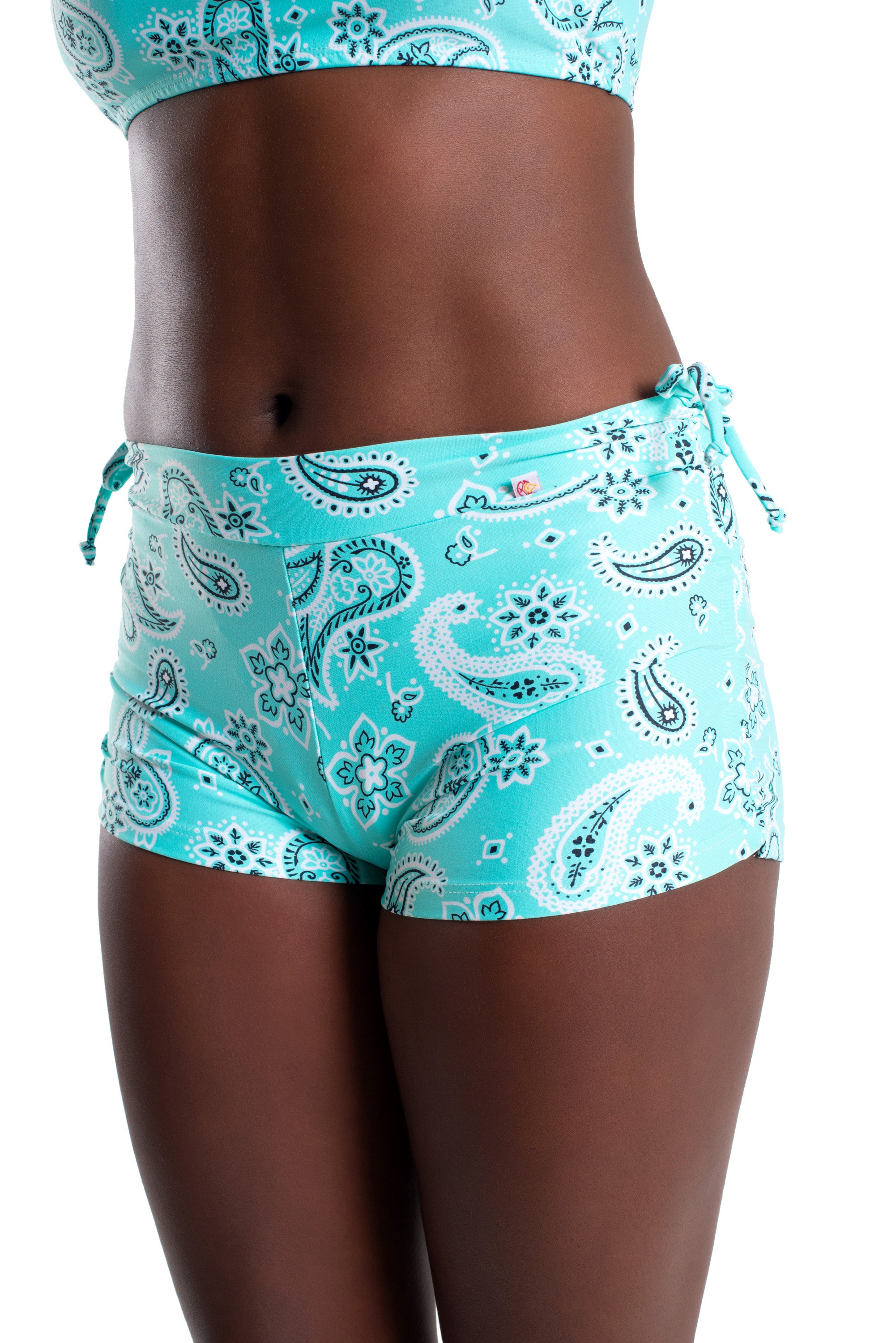 Side String Shorts, Aqua Blue Paisley, Cool Form Light – Shakti